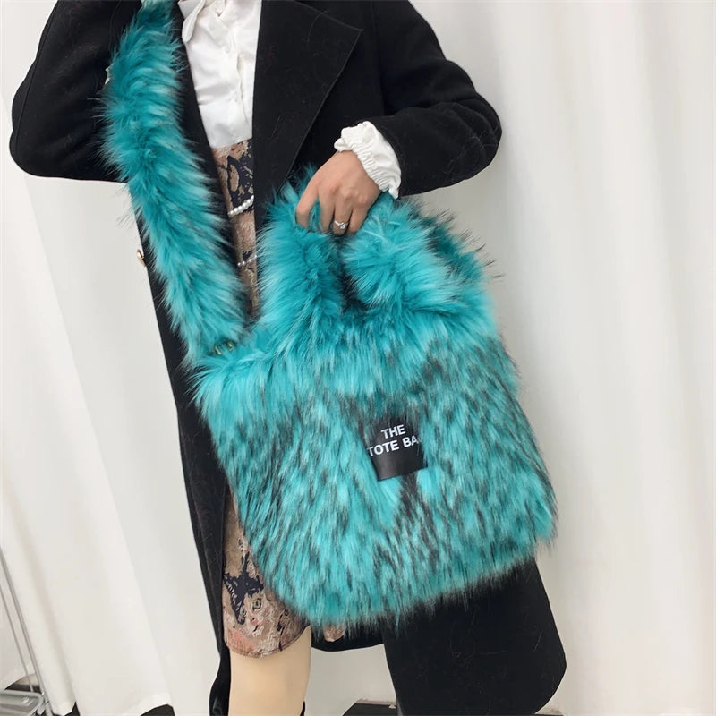 Luxury Designer The Tote Bags for Women Furry Leather Branded Fur Shoulder Bags Female Large Crossbody Handbags