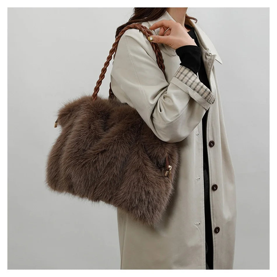 Women's Plush Shoulder Bag High-end Fashion Luxury Soft Faux For Skin Shoulder Bag Faux Fur Women's Bag