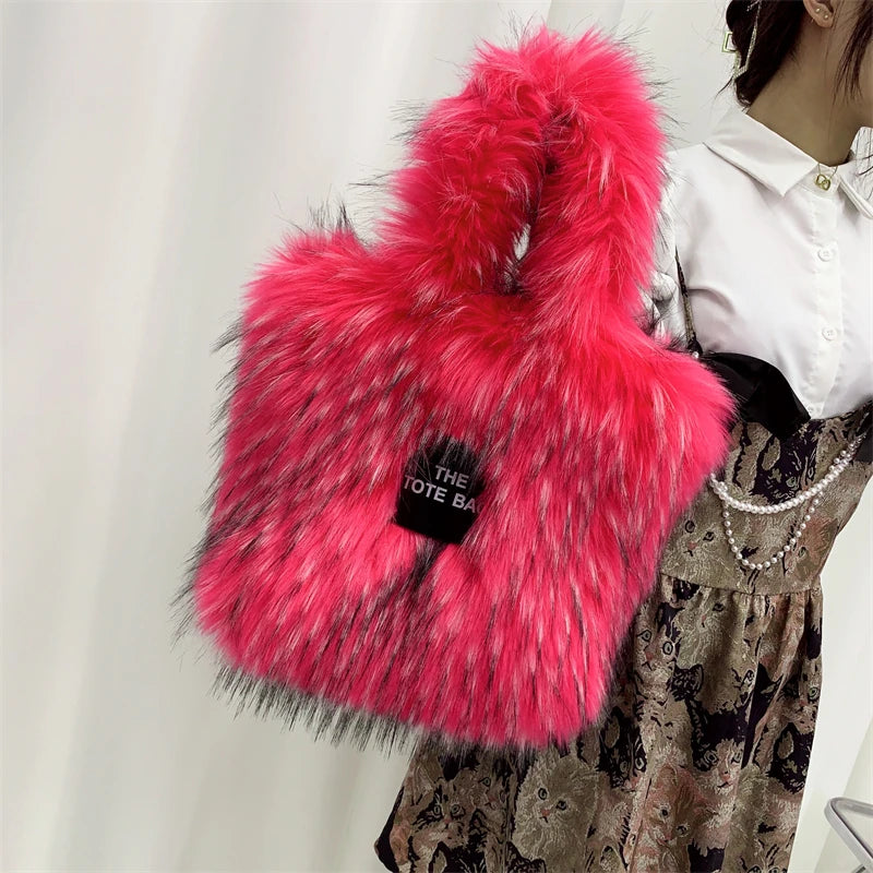 Luxury Designer The Tote Bags for Women Furry Leather Branded Fur Shoulder Bags Female Large Crossbody Handbags