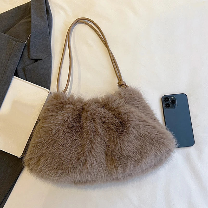 Women's Large Capacity Shoulder Bag Solid Color Plush Imitation Fur Handbag For Autumn And Winter Fashion