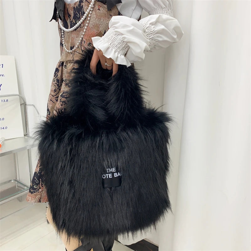 Luxury Designer The Tote Bags for Women Furry Leather Branded Fur Shoulder Bags Female Large Crossbody Handbags
