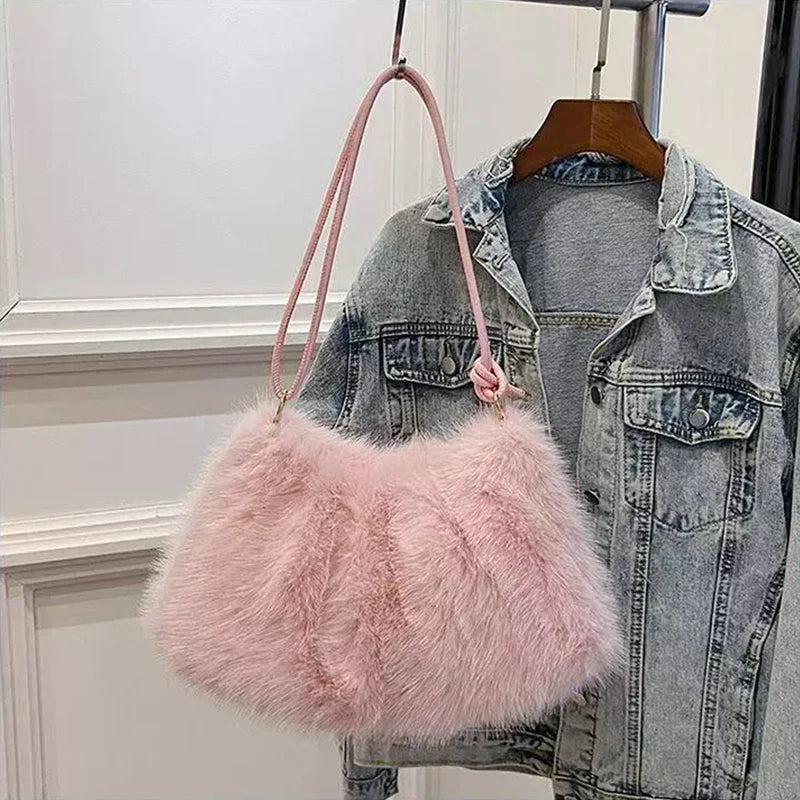 Women's Large Capacity Shoulder Bag Solid Color Plush Imitation Fur Handbag For Autumn And Winter Fashion