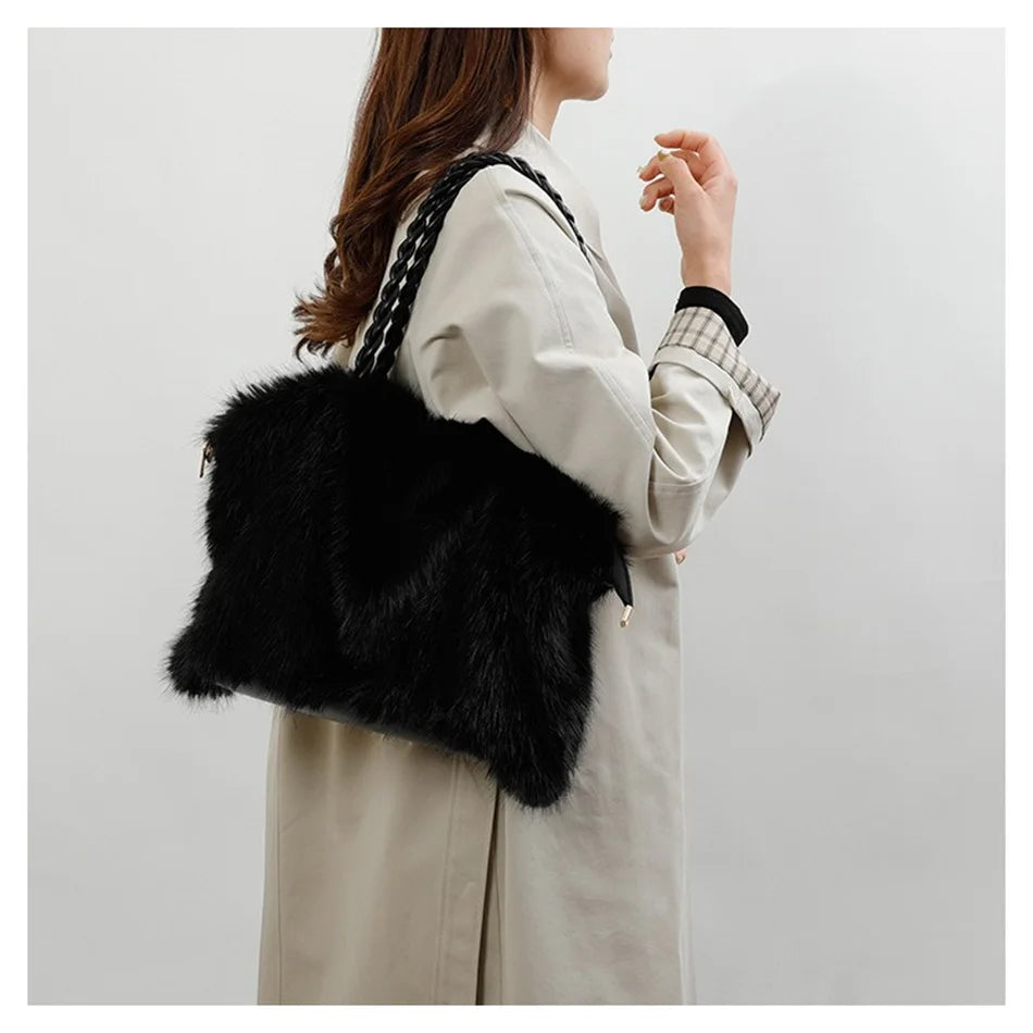 Women's Plush Shoulder Bag High-end Fashion Luxury Soft Faux For Skin Shoulder Bag Faux Fur Women's Bag
