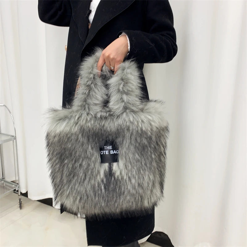 Luxury Designer The Tote Bags for Women Furry Leather Branded Fur Shoulder Bags Female Large Crossbody Handbags