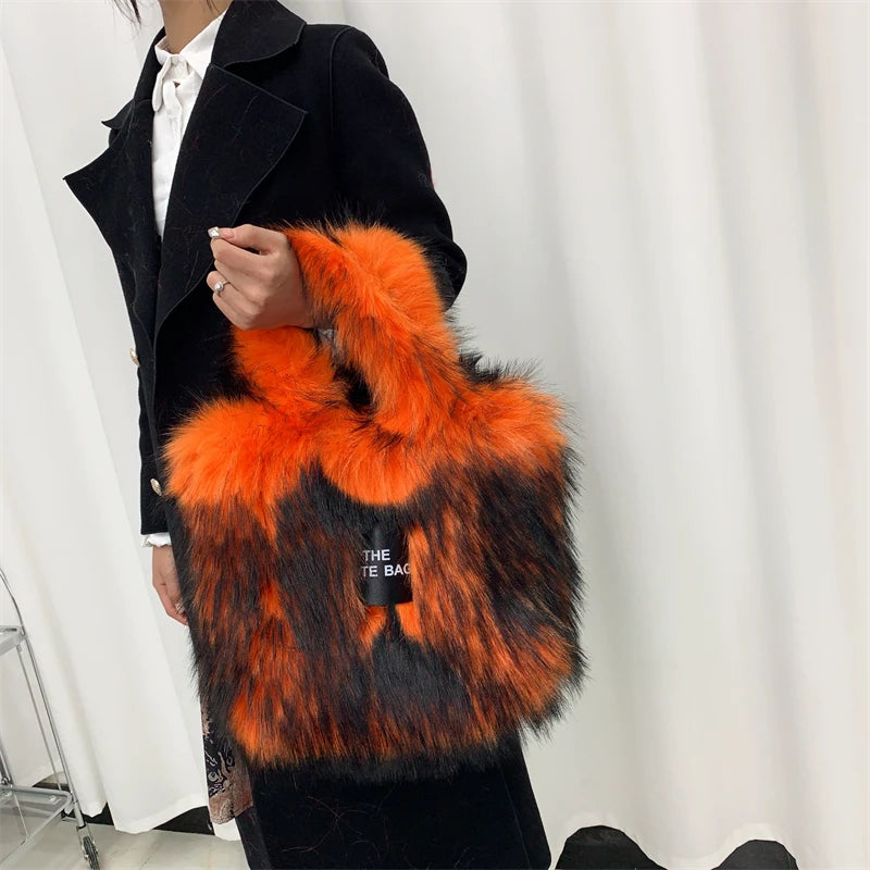 Luxury Designer The Tote Bags for Women Furry Leather Branded Fur Shoulder Bags Female Large Crossbody Handbags