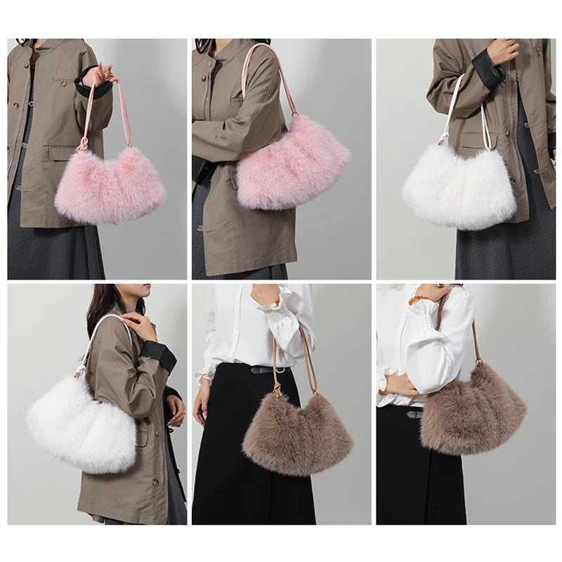 Women's Autumn and Winter Handbag Imitation Fur Fashion Hundred with Plush Bag Solid Color Large Capacity Zipper Shoulder Bag