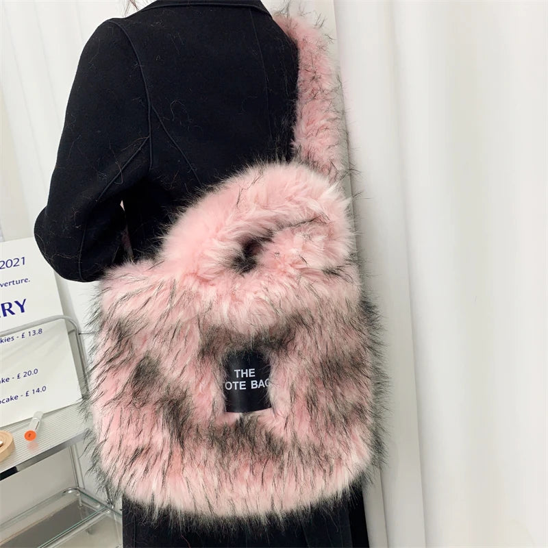 Luxury Designer The Tote Bags for Women Furry Leather Branded Fur Shoulder Bags Female Large Crossbody Handbags