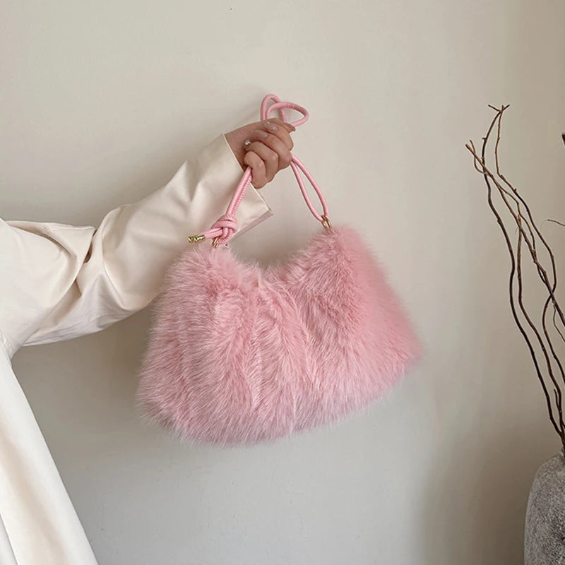 Women's Large Capacity Shoulder Bag Solid Color Plush Imitation Fur Handbag For Autumn And Winter Fashion
