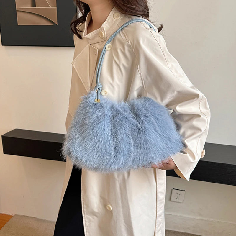Women's Large Capacity Shoulder Bag Solid Color Plush Imitation Fur Handbag For Autumn And Winter Fashion