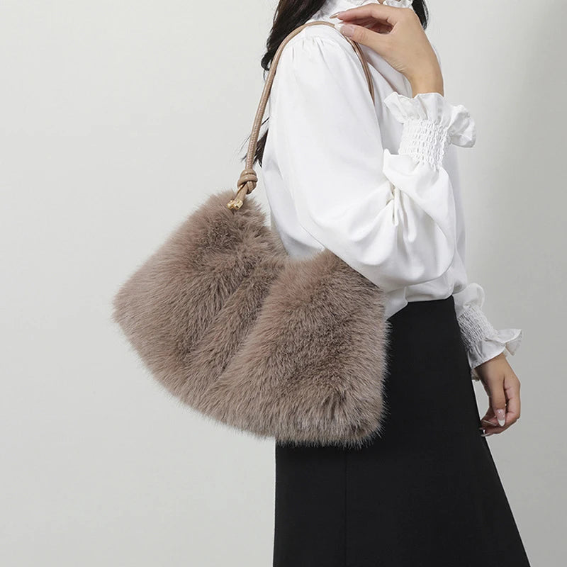 Women's Autumn and Winter Handbag Imitation Fur Fashion Hundred with Plush Bag Solid Color Large Capacity Zipper Shoulder Bag