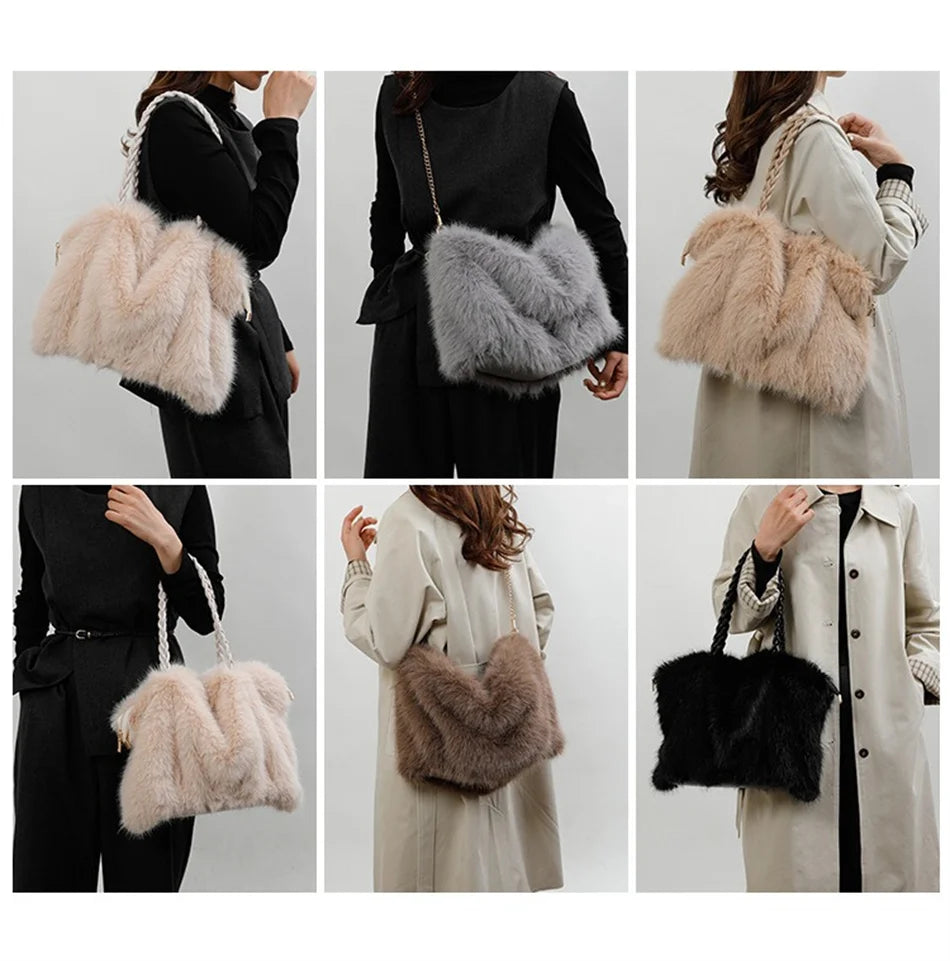 Women's Plush Shoulder Bag High-end Fashion Luxury Soft Faux For Skin Shoulder Bag Faux Fur Women's Bag