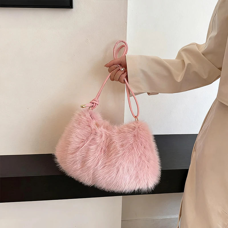 Women's Large Capacity Shoulder Bag Solid Color Plush Imitation Fur Handbag For Autumn And Winter Fashion