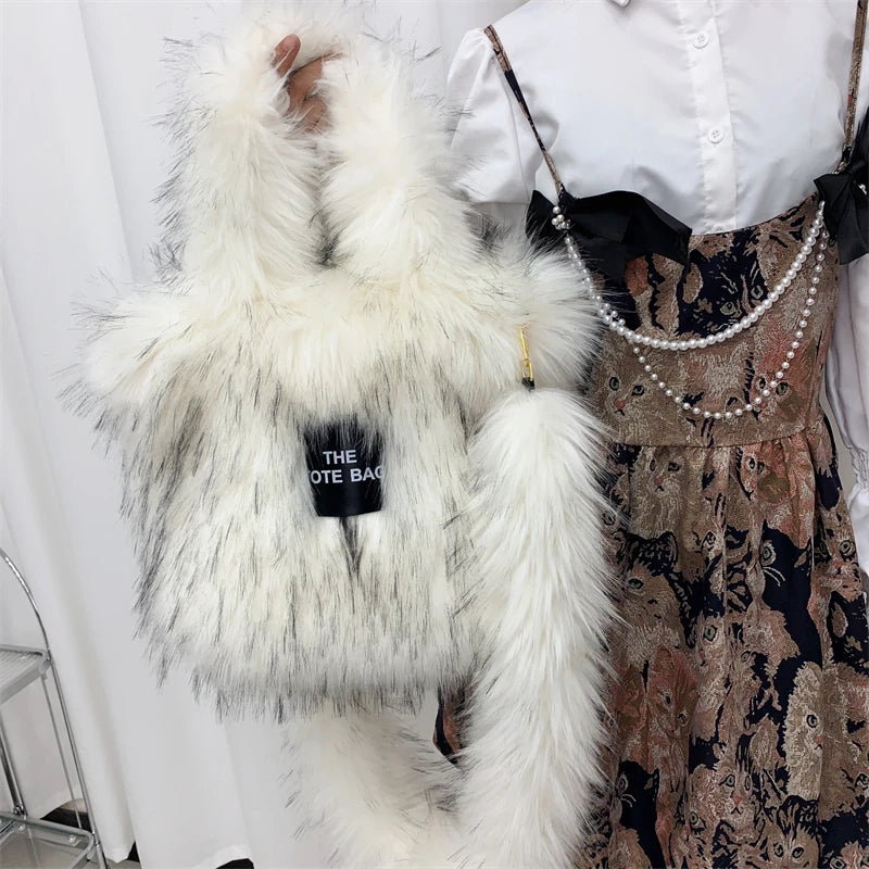 Luxury Designer The Tote Bags for Women Furry Leather Branded Fur Shoulder Bags Female Large Crossbody Handbags