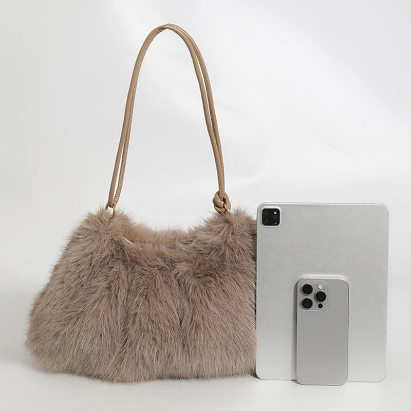 Women's Autumn and Winter Handbag Imitation Fur Fashion Hundred with Plush Bag Solid Color Large Capacity Zipper Shoulder Bag