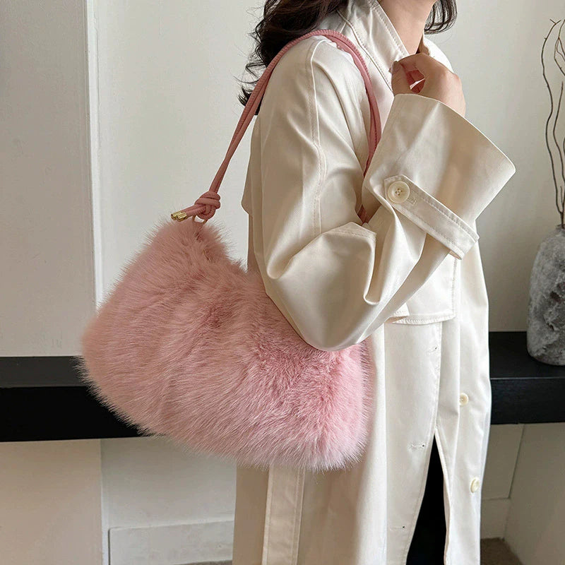 Women's Large Capacity Shoulder Bag Solid Color Plush Imitation Fur Handbag For Autumn And Winter Fashion