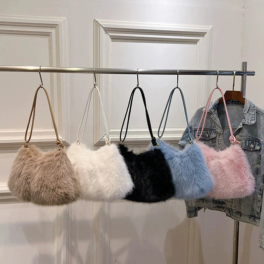 Women's Large Capacity Shoulder Bag Solid Color Plush Imitation Fur Handbag For Autumn And Winter Fashion