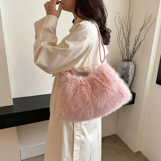 Women's Large Capacity Shoulder Bag Solid Color Plush Imitation Fur Handbag For Autumn And Winter Fashion