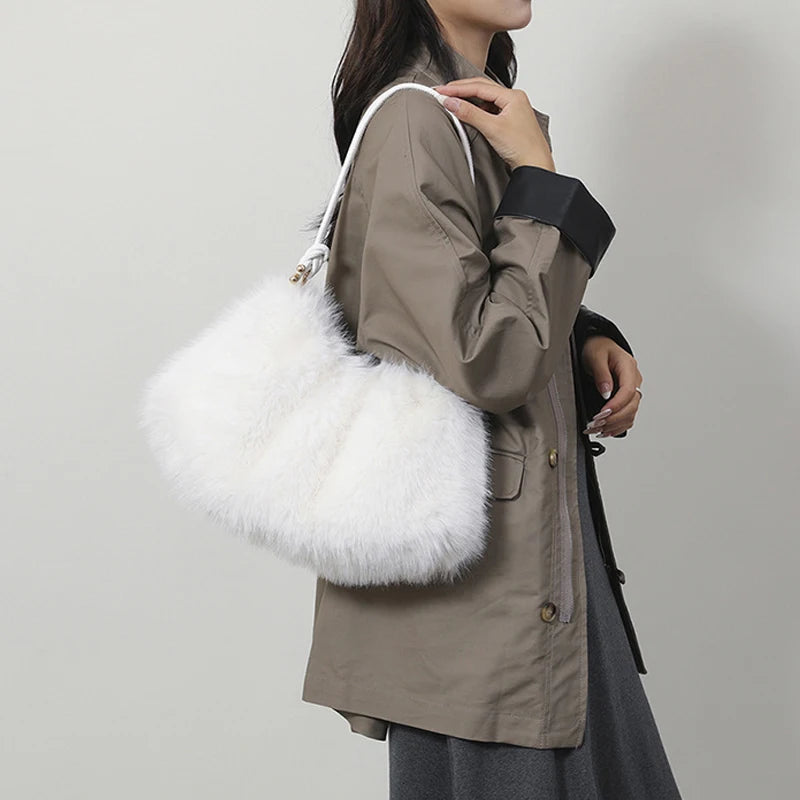 Women's Autumn and Winter Handbag Imitation Fur Fashion Hundred with Plush Bag Solid Color Large Capacity Zipper Shoulder Bag