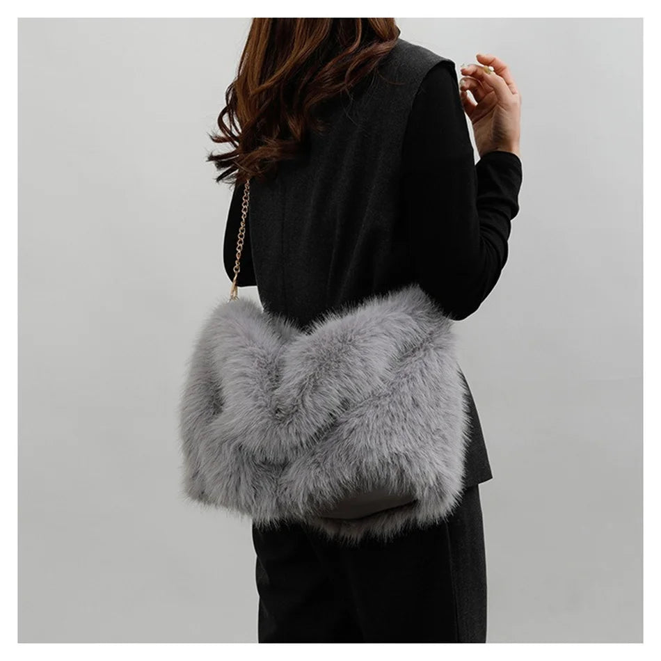 Women's Plush Shoulder Bag High-end Fashion Luxury Soft Faux For Skin Shoulder Bag Faux Fur Women's Bag