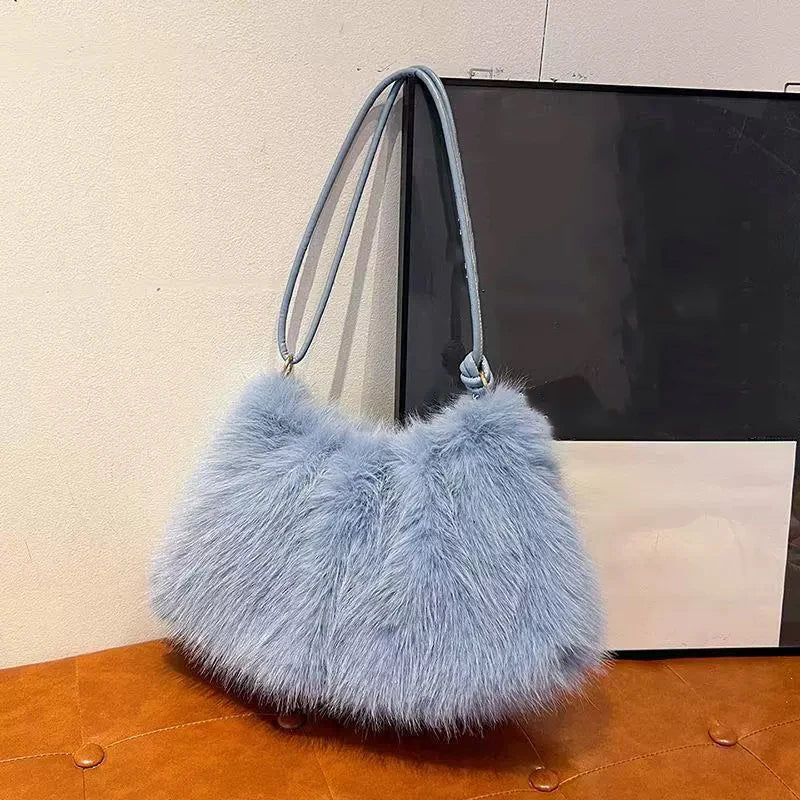 Women's Large Capacity Shoulder Bag Solid Color Plush Imitation Fur Handbag For Autumn And Winter Fashion