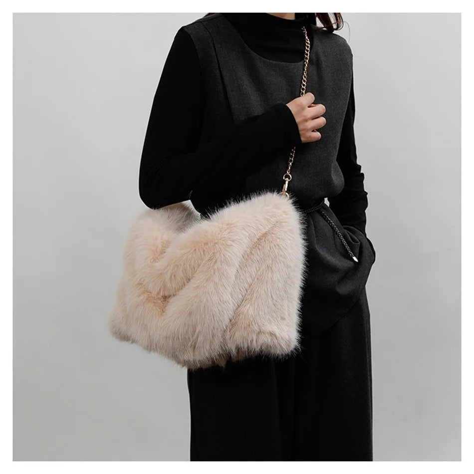 Women's Plush Shoulder Bag High-end Fashion Luxury Soft Faux For Skin Shoulder Bag Faux Fur Women's Bag