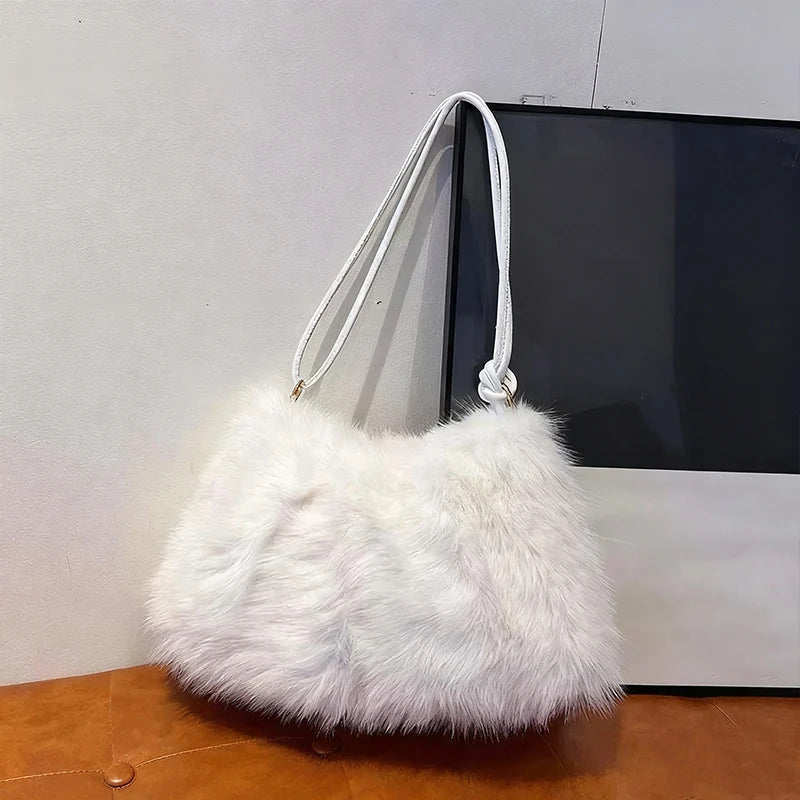 Women's Large Capacity Shoulder Bag Solid Color Plush Imitation Fur Handbag For Autumn And Winter Fashion