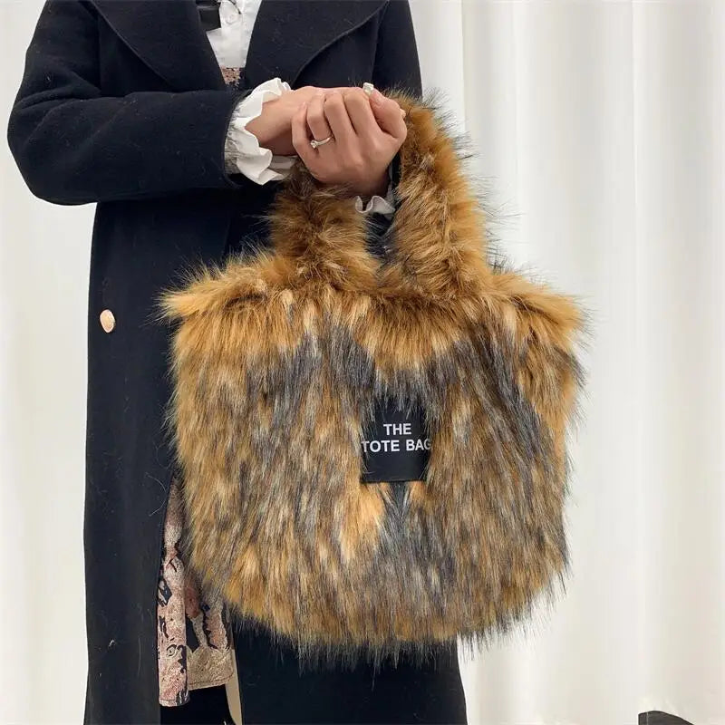 Luxury Designer The Tote Bags for Women Furry Leather Branded Fur Shoulder Bags Female Large Crossbody Handbags