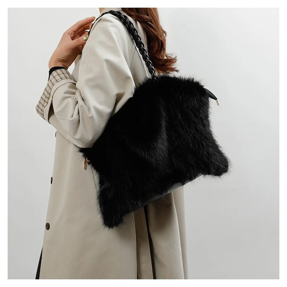 Women's Plush Shoulder Bag High-end Fashion Luxury Soft Faux For Skin Shoulder Bag Faux Fur Women's Bag