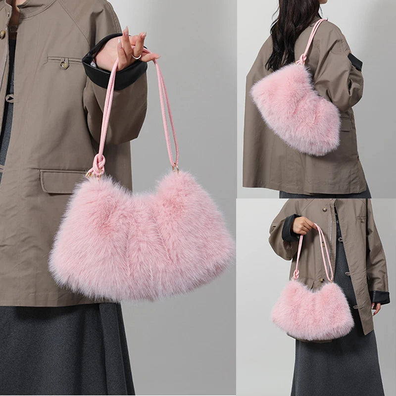 Women's Autumn and Winter Handbag Imitation Fur Fashion Hundred with Plush Bag Solid Color Large Capacity Zipper Shoulder Bag
