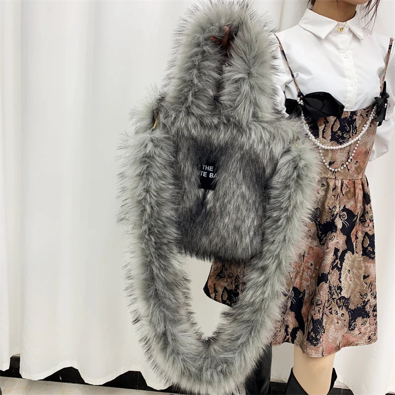Luxury Designer The Tote Bags for Women Furry Leather Branded Fur Shoulder Bags Female Large Crossbody Handbags