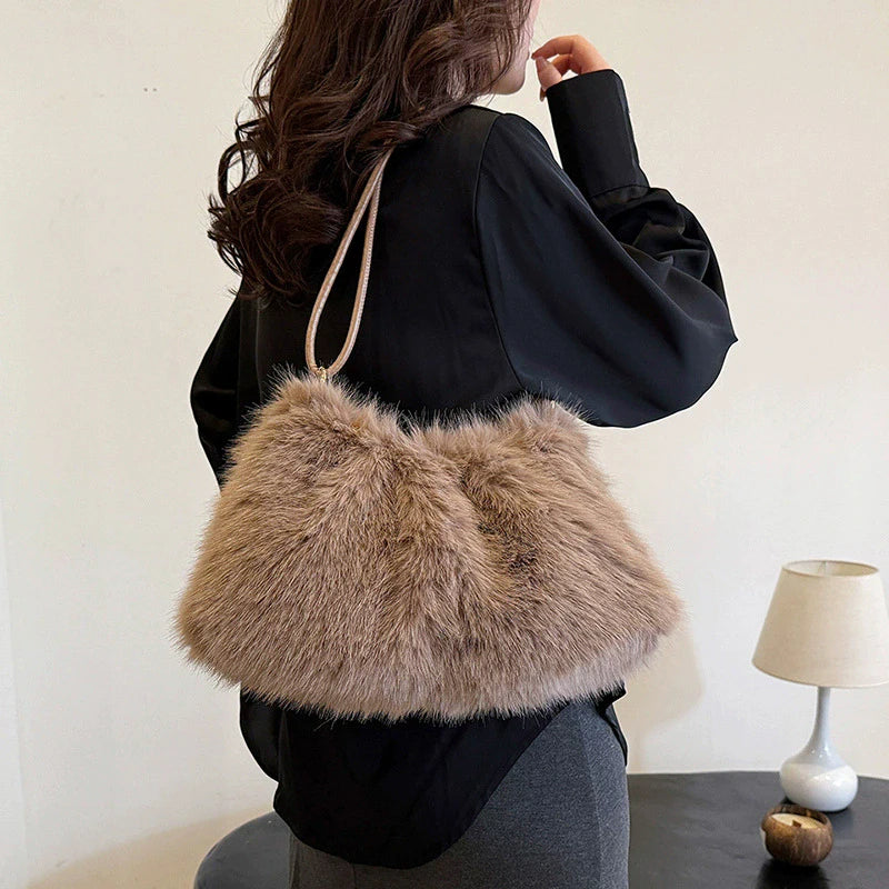 Women's Large Capacity Shoulder Bag Solid Color Plush Imitation Fur Handbag For Autumn And Winter Fashion
