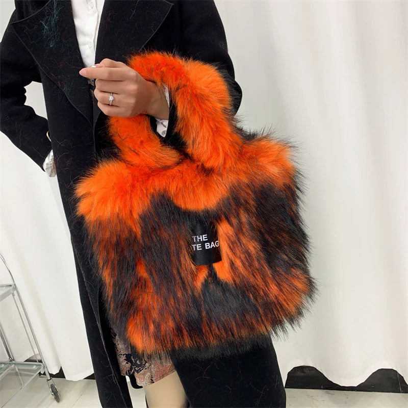 Luxury Designer The Tote Bags for Women Furry Leather Branded Fur Shoulder Bags Female Large Crossbody Handbags
