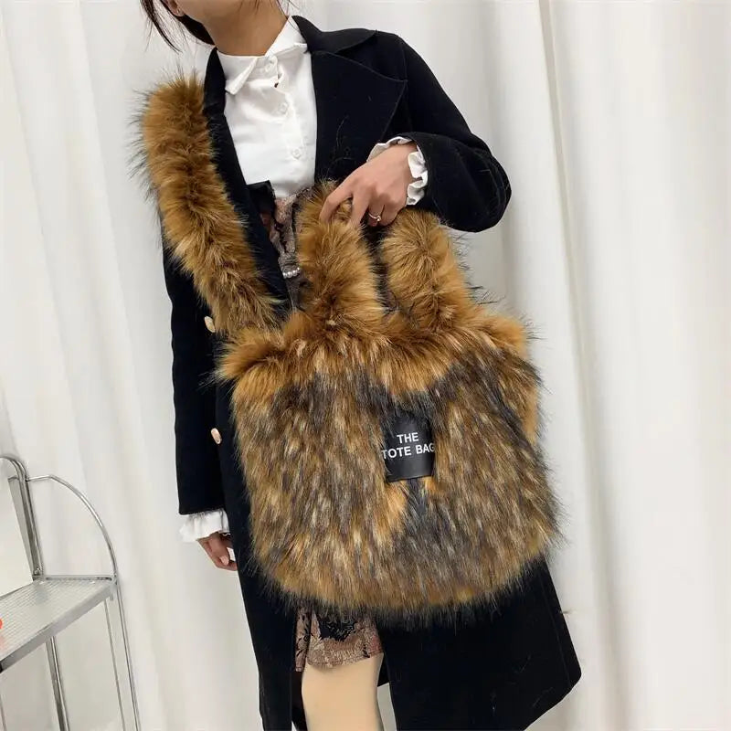 Luxury Designer The Tote Bags for Women Furry Leather Branded Fur Shoulder Bags Female Large Crossbody Handbags