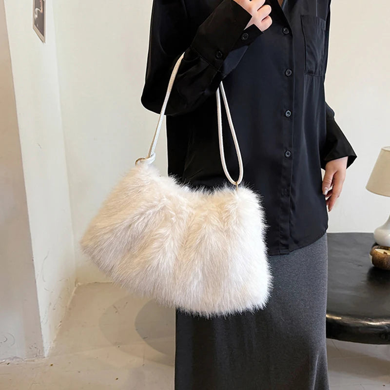Women's Large Capacity Shoulder Bag Solid Color Plush Imitation Fur Handbag For Autumn And Winter Fashion