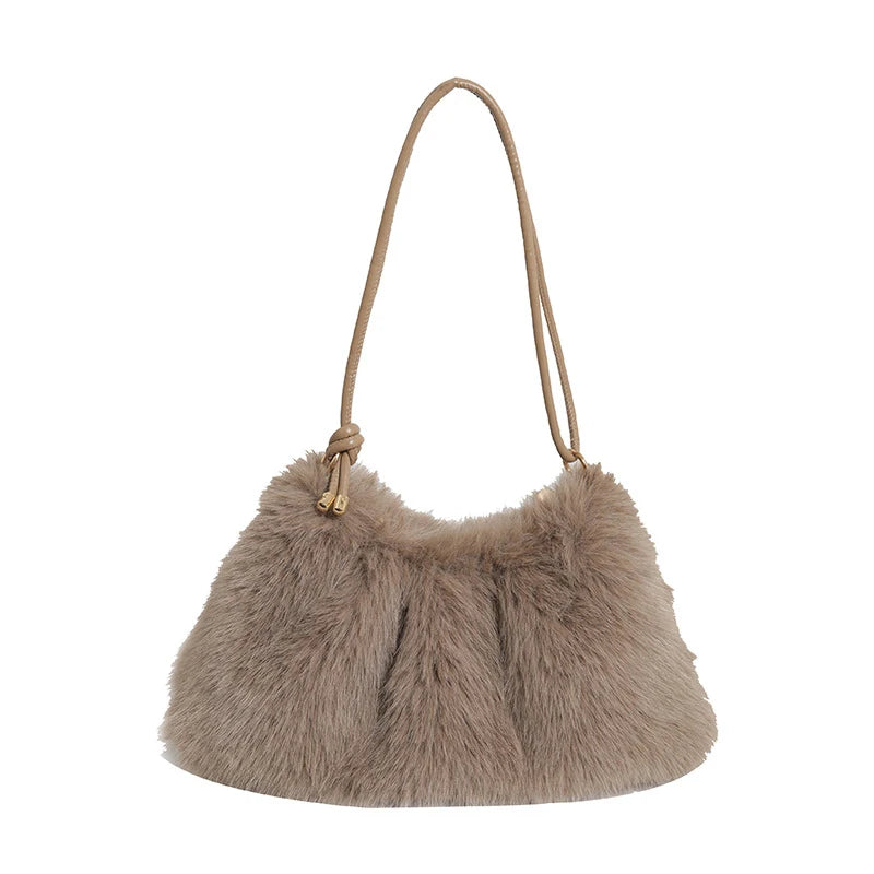 Women's Large Capacity Shoulder Bag Solid Color Plush Imitation Fur Handbag For Autumn And Winter Fashion