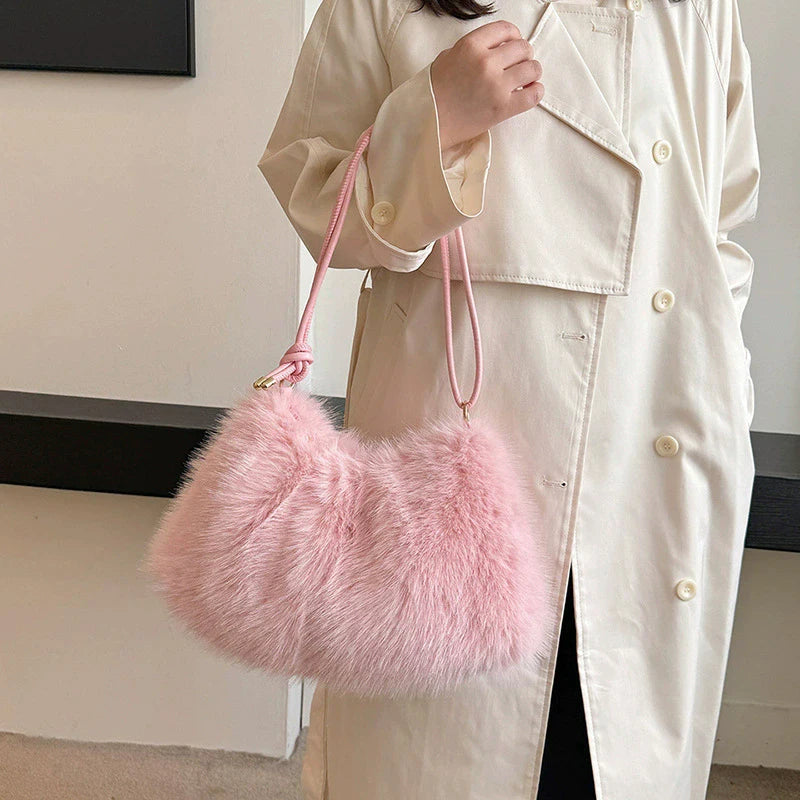 Women's Large Capacity Shoulder Bag Solid Color Plush Imitation Fur Handbag For Autumn And Winter Fashion