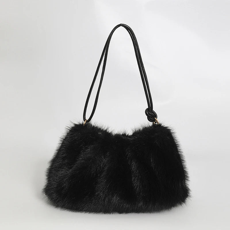 Women's Autumn and Winter Handbag Imitation Fur Fashion Hundred with Plush Bag Solid Color Large Capacity Zipper Shoulder Bag