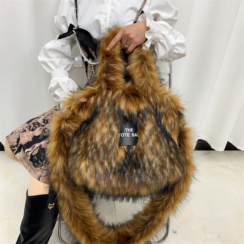 Luxury Designer The Tote Bags for Women Furry Leather Branded Fur Shoulder Bags Female Large Crossbody Handbags