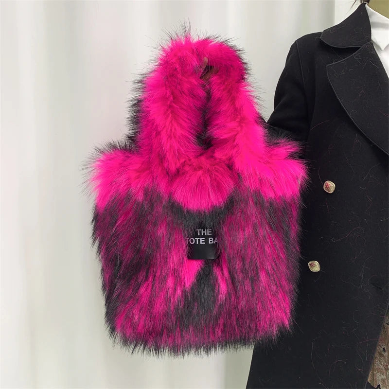 Luxury Designer The Tote Bags for Women Furry Leather Branded Fur Shoulder Bags Female Large Crossbody Handbags