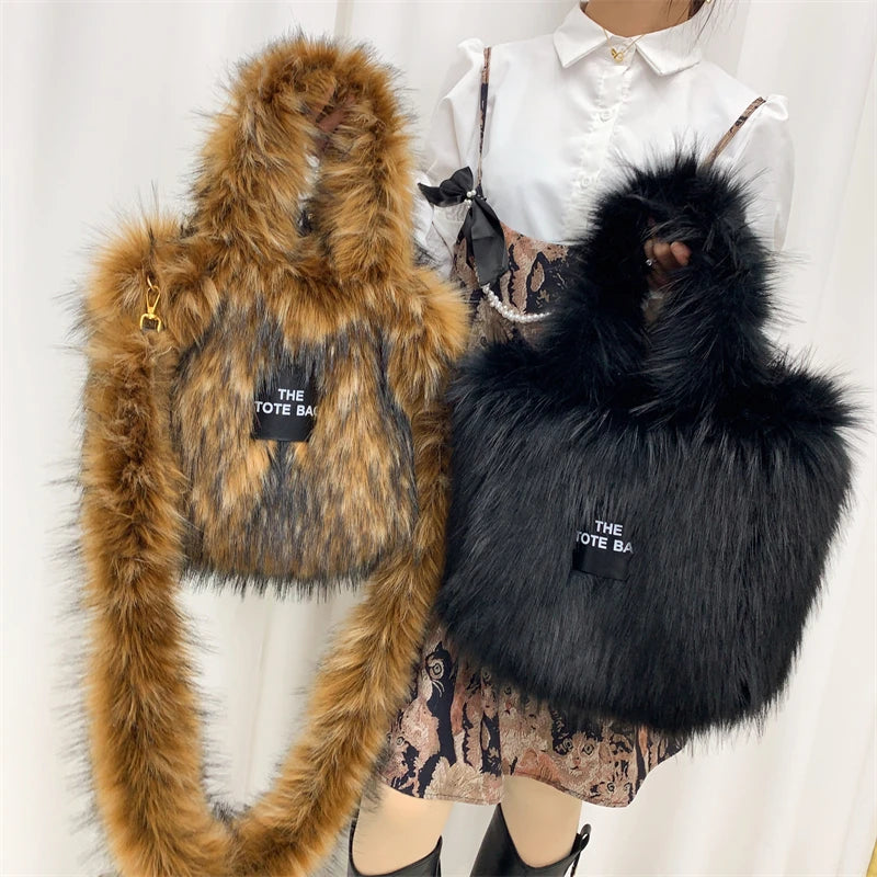 Luxury Designer The Tote Bags for Women Furry Leather Branded Fur Shoulder Bags Female Large Crossbody Handbags