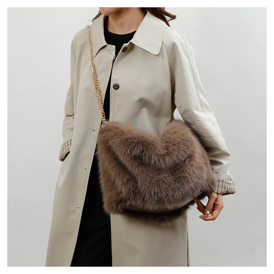 Women's Plush Shoulder Bag High-end Fashion Luxury Soft Faux For Skin Shoulder Bag Faux Fur Women's Bag
