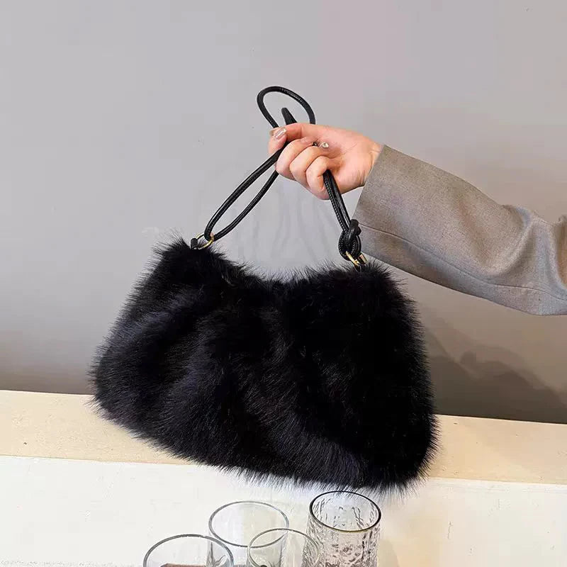 Women's Large Capacity Shoulder Bag Solid Color Plush Imitation Fur Handbag For Autumn And Winter Fashion