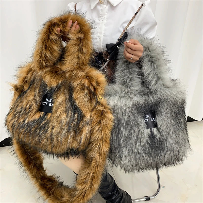 Luxury Designer The Tote Bags for Women Furry Leather Branded Fur Shoulder Bags Female Large Crossbody Handbags