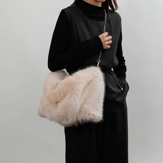 Women's Plush Shoulder Bag High-end Fashion Luxury Soft Faux For Skin Shoulder Bag Faux Fur Women's Bag