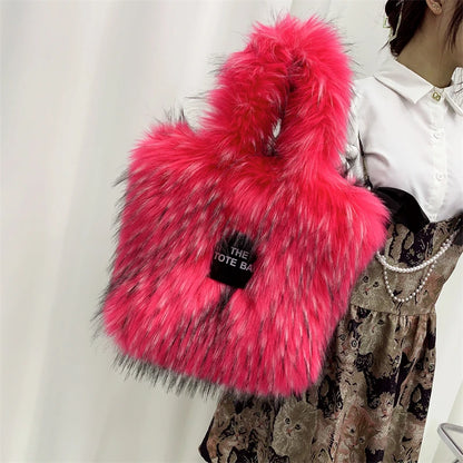Luxury Designer The Tote Bags for Women Furry Leather Branded Fur Shoulder Bags Female Large Crossbody Handbags