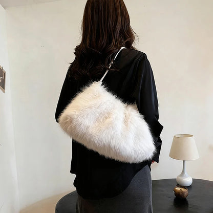Women's Large Capacity Shoulder Bag Solid Color Plush Imitation Fur Handbag For Autumn And Winter Fashion