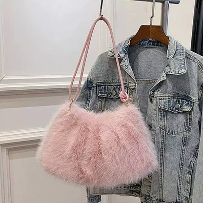 Women's Large Capacity Shoulder Bag Solid Color Plush Imitation Fur Handbag For Autumn And Winter Fashion