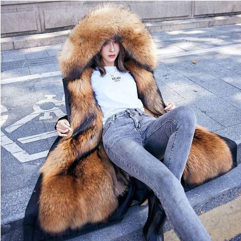 Women Cotton coat Winter Jacket Female thick warm Parkas hooded Outwear large sizeInner liner removable fur over knee Overcoat