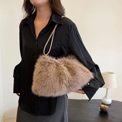 Women's Large Capacity Shoulder Bag Solid Color Plush Imitation Fur Handbag For Autumn And Winter Fashion