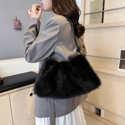 Women's Large Capacity Shoulder Bag Solid Color Plush Imitation Fur Handbag For Autumn And Winter Fashion